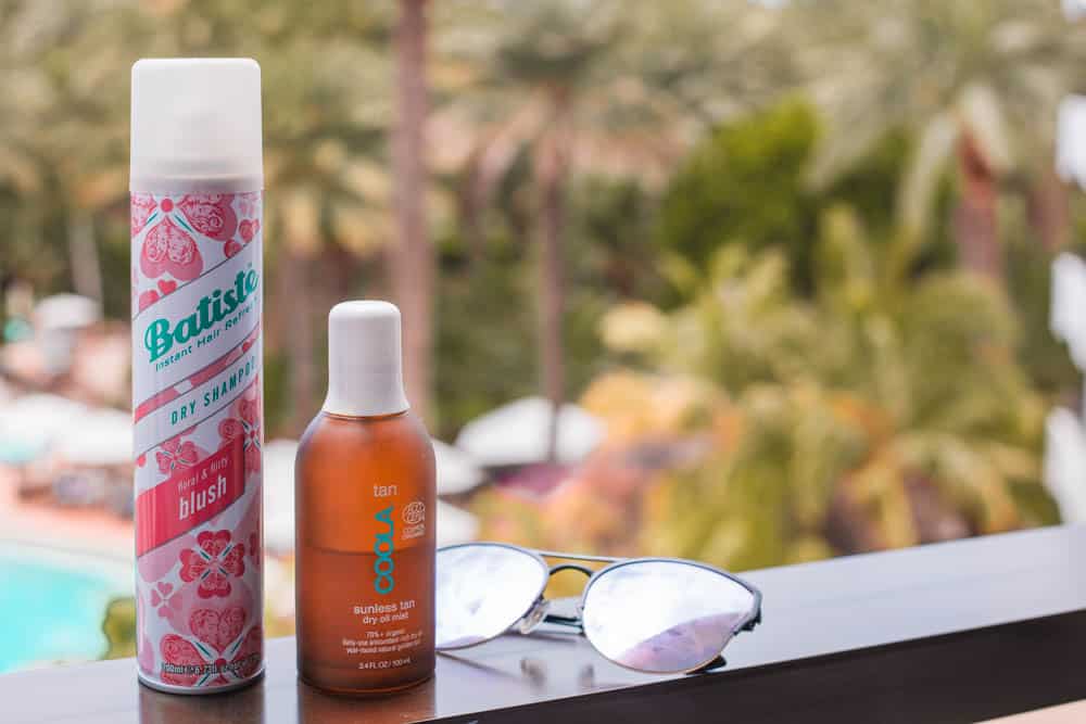 travel beauty products and dry shampoo
