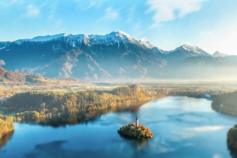 Aerial shot of Lake Bled in Slovenia
