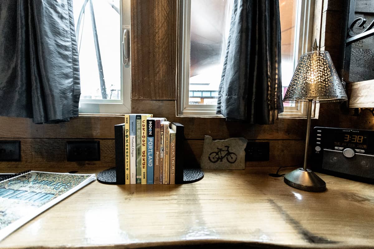 Books inside a tiny home in Portland Oregon USA
