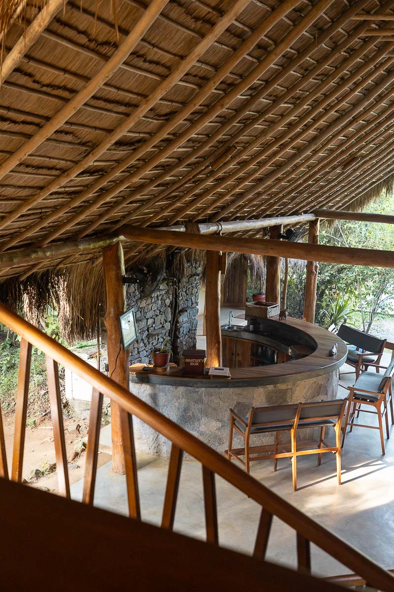 Gal Oya Lodge: A Luxury Eco Lodge In Sri Lanka's Least Visited National Park 3 A round stone bar surrounded by wooden railings and roofing in the bar area of Gal Oya Lodge