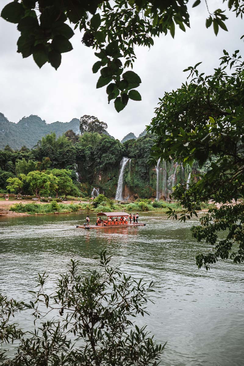 Boats at the Detian Falls in Guangxi, China